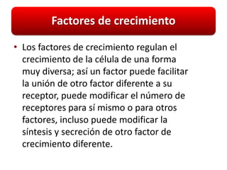 Factores de crecimiento

• Los factores de crecimiento regulan el
  crecimiento de la célula de una forma
  muy diversa; así un factor puede facilitar
  la unión de otro factor diferente a su
  receptor, puede modificar el número de
  receptores para sí mismo o para otros
  factores, incluso puede modificar la
  síntesis y secreción de otro factor de
  crecimiento diferente.
 