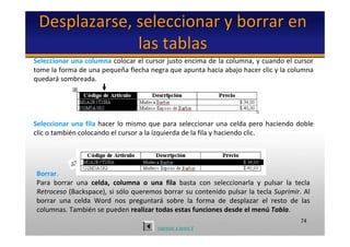 Desplazarse, seleccionar y borrar en 
              las tablas
Seleccionar una columna colocar el cursor justo encima de la columna, y cuando el cursor 
tome la forma de una pequeña flecha negra que apunta hacia abajo hacer clic y la columna 
quedará sombreada.




Seleccionar  una  fila hacer  lo  mismo  que  para  seleccionar  una  celda  pero  haciendo  doble 
clic o también colocando el cursor a la izquierda de la fila y haciendo clic.




 Borrar.
 Para  borrar  una  celda,  columna  o  una  fila  basta  con  seleccionarla  y  pulsar  la  tecla 
 Retroceso (Backspace), si sólo queremos borrar su contenido pulsar la tecla Suprimir. Al 
 borrar  una  celda  Word  nos  preguntará sobre  la  forma  de  desplazar  el  resto  de  las 
 columnas. También se pueden realizar todas estas funciones desde el menú Tabla. 
                                                                                               74
                                            regresar a tema V
 