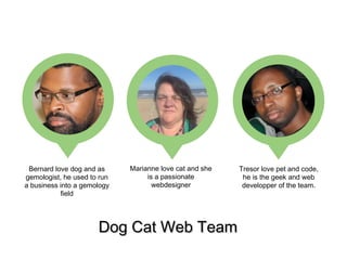 Bernard love dog and as 
gemologist, he used to run 
a business into a gemology 
DDoogg CCaatt WWeebb TTeeaamm 
field 
Marianne love cat and she 
is a passionate 
webdesigner 
Tresor love pet and code, 
he is the geek and web 
developper of the team. 
 