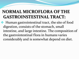 NORMAL MICROFLORA OF THE
GASTROINSTESTINAL TRACT:
 Human gastrointestinal tract, the site of food
digestion, consists of the stomach, small
intestine, and large intestine. The composition of
the gastrointestinal flora in humans varies
considerably and is somewhat depend on diet.
 