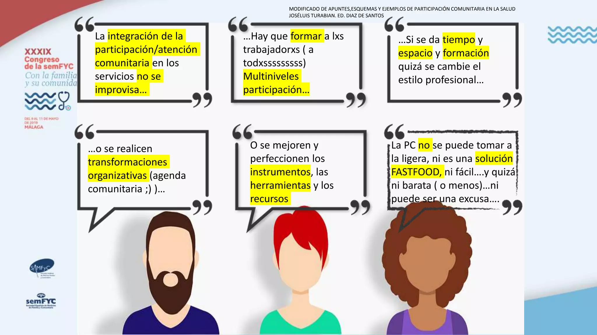 La integración de la
participación/atención
comunitaria en los
servicios no se
improvisa…
…Hay que formar a lxs
trabajadorxs ( a
todxsssssssss)
Multiniveles
participación…
…Si se da tiempo y
espacio y formación
quizá se cambie el
estilo profesional…
…o se realicen
transformaciones
organizativas (agenda
comunitaria ;) )…
O se mejoren y
perfeccionen los
instrumentos, las
herramientas y los
recursos
La PC no se puede tomar a
la ligera, ni es una solución
FASTFOOD, ni fácil….y quizá
ni barata ( o menos)…ni
puede ser una excusa….
MODIFICADO DE APUNTES,ESQUEMAS Y EJEMPLOS DE PARTICIPACIÓN COMUNITARIA EN LA SALUD
JOSÉLUIS TURABIAN. ED. DIAZ DE SANTOS
 