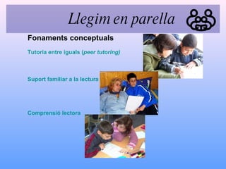 Tutoria entre iguals ( peer tutoring ) Suport familiar a la lectura Comprensió lectora Fonaments conceptuals Llegim en parella 