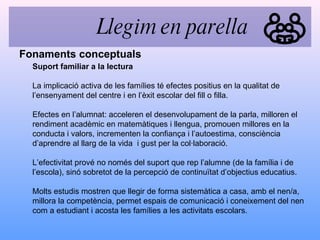 Suport familiar a la lectura La implicació activa de les famílies té efectes positius en la qualitat de l’ensenyament del centre i en l’èxit escolar del fill o filla. Efectes en l’alumnat: acceleren el desenvolupament de la parla, milloren el rendiment acadèmic en matemàtiques i llengua, promouen millores en la conducta i valors, incrementen la confiança i l’autoestima, consciència  d’aprendre al llarg de la vida  i gust per la col·laboració. L’efectivitat prové no només del suport que rep l’alumne (de la família i de l’escola), sinó sobretot de la percepció de continuïtat d’objectius educatius. Molts estudis mostren que llegir de forma sistemàtica a casa, amb el nen/a, millora la competència, permet espais de comunicació i coneixement del nen com a estudiant i acosta les famílies a les activitats escolars. Fonaments conceptuals Llegim en parella 