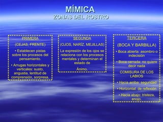 MÍMICA   ZONAS DEL ROSTRO PRIMERA (CEJAS, FRENTE) Establecen pistas sobre los procesos del pensamiento. Arrugas horizontales y verticales: susto, angustia, lentitud de comprensión, sorpresa. SEGUNDA (OJOS, NARÍZ, MEJILLAS) La expresión de los ojos se relaciona con los procesos mentales y determinan el estado de Ánimo. TERCERA (BOCA Y BARBILLA) Boca abierta: asombro o indecisión Boca cerrada: no quiere decir nada COMISURA DE LOS LABIOS Hacia arriba: seguridad Horizontal: de reflexión Hacia abajo: tristeza, enojo. 
