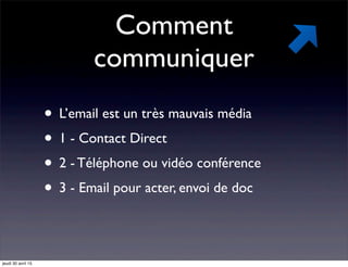 Comment
communiquer
• L’email est un très mauvais média
• 1 - Contact Direct
• 2 - Téléphone ou vidéo conférence
• 3 - Email pour acter, envoi de doc
jeudi 30 avril 15
 
