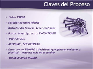 Saber PARAR Desafiar nuestros miedos Disfrutar del Proceso, tener confianza Buscar, investigar hasta ENCONTRAR!! Pedir AYUDA  ACCIONAR , SER OFERTA!! Estar atento SIEMPRE a decisiones que generan malestar o plenitud....esto nos guía en el camino NO DESVIAR EL RUMBO... 