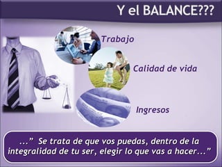 ...”  Se trata de que vos puedas, dentro de la integralidad de tu ser, elegir lo que vas a hacer...” Trabajo  Calidad de vida  Ingresos 