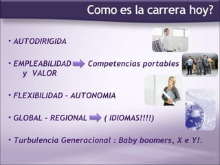 AUTODIRIGIDA  EMPLEABILIDAD  Competencias portables    y  VALOR FLEXIBILIDAD - AUTONOMIA GLOBAL - REGIONAL  ( IDIOMAS!!!!)‏ Turbulencia Generacional : Baby boomers, X e Y!.  