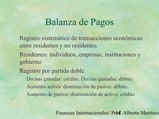 Finanzas Internacionales/ Prof. Alberto Martínez14
Balanza de Pagos
Registro sistemático de transacciones económicas
entre residentes y no residentes
Residentes: individuos, empresas, instituciones y
gobierno
Registro por partida doble
Divisas ganadas: crédito. Divisas gastadas: débito
Aumento activo/ disminución de pasivo: débito.
Aumento de pasivo/ disminución de activo: crédito
 