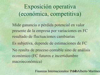Finanzas Internacionales/ Prof. Alberto Martínez146
Exposición operativa
(económica, competitiva)
Mide ganancia o pérdida potencial en valor
presente de la empresa por variaciones en FC
resultado de fluctuaciones cambiarias
Es subjetiva, depende de estimaciones de FC
No resulta de proceso contable sino de análisis
económico (FC futuros e incertidumbre
macroeconómica)
 