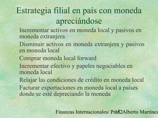 Finanzas Internacionales/ Prof. Alberto Martínez152
Estrategia filial en país con moneda
apreciándose
Incrementar activos en moneda local y pasivos en
moneda extranjera
Disminuir activos en moneda extranjera y pasivos
en moneda local
Comprar moneda local forward
Incrementar efectivo y papeles negociables en
moneda local
Relajar las condiciones de crédito en moneda local
Facturar exportaciones en moneda local a países
donde se esté depreciando la moneda
 