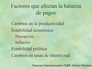 Finanzas Internacionales/ Prof. Alberto Martínez17
Factores que afectan la balanza
de pagos
Cambios en la productividad
Estabilidad económica
Percepción
Inflación
Estabilidad política
Cambios en tasas de interés real
 