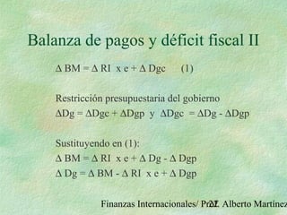 Finanzas Internacionales/ Prof. Alberto Martínez22
Balanza de pagos y déficit fiscal II
∆ BM = ∆ RI x e + ∆ Dgc (1)
Restricción presupuestaria del gobierno
∆Dg = ∆Dgc + ∆Dgp y ∆Dgc = ∆Dg - ∆Dgp
Sustituyendo en (1):
∆ BM = ∆ RI x e + ∆ Dg - ∆ Dgp
∆ Dg = ∆ BM - ∆ RI x e + ∆ Dgp
 
