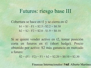 Finanzas Internacionales/ Prof. Alberto Martínez63
Futuros: riesgo base III
Cobertura se hace en t1 y se cierra en t2
b1 = S1 - F1 = $2.5 - $2.2 = $0.30
b2 = S2 - F2 = $2.0 - $1.9 = $0.10
Si se quiere vender activo en t2, tomar posición
corta en futuros en t1 (short hedge). Precio
obtenido por activo: S2 más ganancia en mercado
a futuro:
S2 + (F1 - F2) = F1 + b2 = $2.20 + $0.10 = $2.30
 