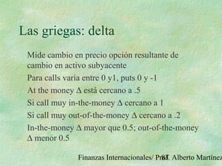 Finanzas Internacionales/ Prof. Alberto Martínez83
Las griegas: delta
Mide cambio en precio opción resultante de
cambio en activo subyacente
Para calls varía entre 0 y1, puts 0 y -1
At the money ∆ está cercano a .5
Si call muy in-the-money ∆ cercano a 1
Si call muy out-of-the-money ∆ cercano a .2
In-the-money ∆ mayor que 0.5; out-of-the-money
∆ menor 0.5
 