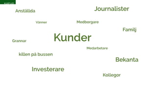 Anställda 
Kunder 
Journalister 
Medborgare 
Investerare 
Grannar 
Medarbetare 
Vänner 
Bekanta 
killen på bussen 
Kollegor 
Familj 
 