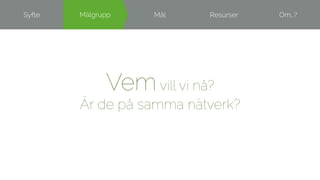 Syfte Måållggrruupppp Mål Resurser Om…? 
Vem vill vi nå? 
Är de på samma nätverk? 
 