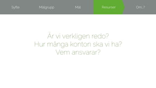 Syfte Målgrupp Mål RReessuurrsseerr Om…? 
Är vi verkligen redo? 
Hur många konton ska vi ha? 
Vem ansvarar? 
 