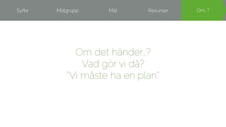 Syfte Målgrupp Mål Resurser OOmm……?? 
Om det händer…? 
Vad gör vi då? 
”Vi måste ha en plan.” 
 