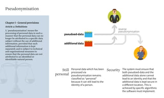 reverse
pseudonymisation
pseudoed-data
additional data
Chapter I - General provisions
Article 4: Deﬁnitions
5. ‘pseudonymisation’ means the
processing of personal data in such a
manner that the personal data can no
longer be attributed to a specific data
subject without the use of additional
information, provided that such
additional information is kept
separately and is subject to technical
and organisational measures to
ensure that the personal data are not
attributed to an identified or
identifiable natural person;
Pseudonymisation
Personal data which has been
processed via
pseudonymisation remains
classified as “personal”
because it can still lead to the
identity of a person.
Still
personal
The system must ensure that
both pseudoed-data and the
additional data alone cannot
lead to an identity and that the
additional data is kept secure in
a different location. This is
achieved by specific algorithms
the software must implement.
Security
 