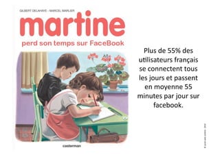 Plus	
  de	
  55%	
  des	
  
u7lisateurs	
  français	
  
se	
  connectent	
  tous	
  
les	
  jours	
  et	
  passent	
  
  en	
  moyenne	
  55	
  
minutes	
  par	
  jour	
  sur	
  
         facebook.	
  




                                    ©	
  social	
  web	
  content	
  -­‐	
  2010	
  
 