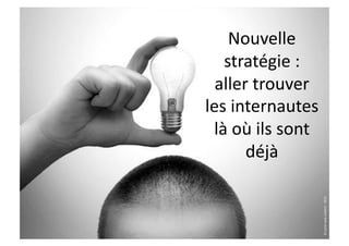 Nouvelle	
  
   stratégie	
  :	
  
  aller	
  trouver	
  
les	
  internautes	
  
 là	
  où	
  ils	
  sont	
  
         déjà	
  




                               ©	
  social	
  web	
  content	
  -­‐	
  2010	
  
 