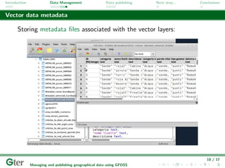 Introduction             Data Management                Data publishing   Next step...   Conclusions


Vector data metadata

       Storing metadata ﬁles associated with the vector layers:




                                                                                            10 / 17
               Managing and publishing geographical data using GFOSS
 