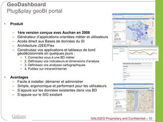 GeoDashboard
    Plug&play geoBI portal

•    Produit

      –   1ère version conçue avec Auchan en 2006
      –   Générateur d’applications orientées métier et utilisateurs
      –   Accès direct aux Bases de données du SI
      –   Architecture J2EE/Flex
      –   Construisez vos applications et tableaux de bord
          géodécisionnels en quelques jours :
           •   1. Connectez vous à une BD métier
           •   2. Définissez vos indicateurs et dimensions d’analyse
           •   3. Définissez vos analyses cartographiques
           •   4. Publiez sur intranet/internet

•    Avantages
      – Facile à installer, démarrer et administrer
      – Simple, ergonomique et performant pour les utilisateurs
      – S’appuie sur les données existantes dans vos BD
      – S’appuie sur le SIG existant




                                                             GALIGEO Proprietary and Confidential – 10
 