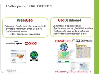 L’offre produit GALIGEO G10




Extension GeoBI intégrées aux outils BI :   Générateur d’applications :
• Synergie maximum...