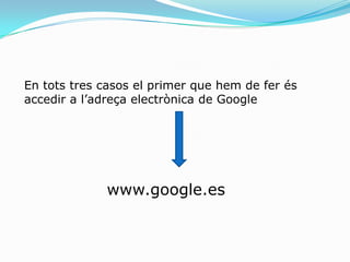 En tots tres casos el primer que hem de fer és accedir a l’adreça electrònica de Googlewww.google.es
