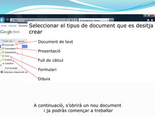 Seleccionar el tipus de document que es desitja crearDocument de textPresentacióFull de càlculFormulariDibuixA continuació, s’obrirà un nou document i ja podràs començar a treballar