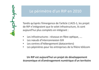 Le périmètre d’un RIP en 2010 

Tandis qu’après l’émergence de l’ar5cle L1425‐1, les projet 
de RIP n’intégraient que le volet infrastructure, ils sont 
aujourd’hui plus complets en intégrant :  

•      Les infrastructures : réseaux en ﬁbre op5que, …. 
•      Les nœuds d’interconnexion GIX 
•      Les centres d’hébergement (datacenters) 
•      Les pépinières pour les entreprises de la ﬁlière télécom 


   Un RIP est aujourd’hui un projet de développement 
économique et d’aménagement numérique d’un territoire 
 
