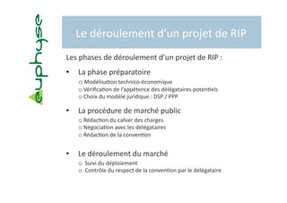 Le déroulement d’un projet de RIP 
Les phases de déroulement d’un projet de RIP : 
•    La phase préparatoire 
   o  Modélisa5on technico‐économique 
   o  Vériﬁca5on de l’appétence des délégataires poten5els 
   o  Choix du modèle juridique : DSP / PPP 

•    La procédure de marché public 
   o  Rédac5on du cahier des charges 
   o  Négocia5on avec les délégataires 
   o  Rédac5on de la conven5on 


•    Le déroulement du marché 
   o   Suivi du déploiement 
   o   Contrôle du respect de la conven5on par le délégataire 
 