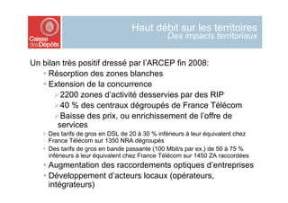 Haut débit sur les territoires
                                                Des impacts territoriaux


Un bilan très positif dressé par l’ARCEP fin 2008:
    Résorption des zones blanches
    Extension de la concurrence
        2200 zones d’activité desservies par des RIP
        40 % des centraux dégroupés de France Télécom
        Baisse des prix, ou enrichissement de l’offre de
        services
     Des tarifs de gros en DSL de 20 à 30 % inférieurs à leur équivalent chez
      France Télécom sur 1350 NRA dégroupés
     Des tarifs de gros en bande passante (100 Mbit/s par ex.) de 50 à 75 %
      inférieurs à leur équivalent chez France Télécom sur 1450 ZA raccordées
    Augmentation des raccordements optiques d’entreprises
    Développement d’acteurs locaux (opérateurs,
     intégrateurs)
 
