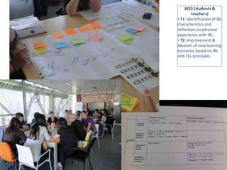 WS3 (students & 
teachers) 
• T1. Identification of IBL 
characteristics and 
reflection on personal 
experience with IBL. 
• T2. Improvement & 
ideation of new learning 
scenarios based on IBL 
and TEL principles.1 
 