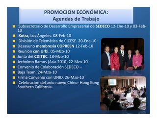 Ó

 Subsecretario de Desarrollo Empresarial de SEDECO 12-Ene-10 y 03-Feb-
10
 Kotra, Los Ángeles. 08-Feb-10
 División de Telemática de CICESE. 20-Ene-10
Desayuno membresía COPREEN 12-Feb-10
Reunión con Urbi. 05-Mzo-10
Junta del CDITBC. 18-Mzo-10
Jerónimo Ramos (Asia 2010) 22-Mzo-10
Convenio de Colaboración SEDECO –
Baja Team. 24-Mzo-10
Firma Convenio con UNID. 26-Mzo-10
 Celebracion del anio nuevo Chino- Hong Kong Association of
Southern California.
 