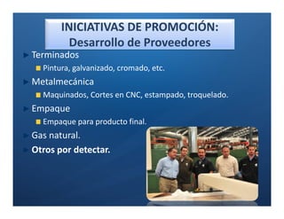 INICIATIVAS DE PROMOCIÓN:
         Desarrollo de Proveedores
Terminados
  Pintura, galvanizado, cromado, etc.
Metalmecánica
  Maquinados, Cortes en CNC, estampado, troquelado.
Empaque
  Empaque para producto final.
Gas natural.
Otros por detectar.
 