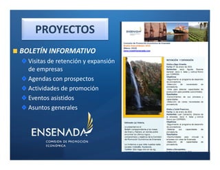 PROYECTOS
BOLETÍN INFORMATIVO
  Visitas de retención y expansión
  de empresas
  Agendas con prospectos
  Actividades de promoción
  Eventos asistidos
  Asuntos generales
 
