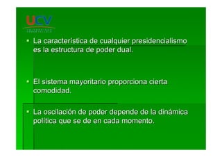 La caracterLa caracteríística de cualquier presidencialismostica de cualquier presidencialismo
es la estructura de poder dual.es la estructura de poder dual.
El sistema mayoritario proporciona ciertaEl sistema mayoritario proporciona cierta
comodidad.comodidad.
La oscilaciLa oscilacióón de poder depende de la dinn de poder depende de la dináámicamica
polpolíítica que se de en cada momento.tica que se de en cada momento.
 