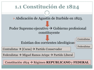 1.1 Constitución de 1824

        Abdicación de Agustín de Iturbide en 1823.


    Poder Supremo ejecutivo  Gobierno profesional
                     constituyente
                                                       Centralistas
             Existían dos corrientes ideológicas
                                                       Federalistas
Centralistas  [Curas]  Partido Conservador

Federalistas  Miguel Ramos Arizpe  Partido Liberal

 Constitución 1824  Régimen REPUBLICANO y FEDERAL
 