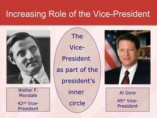 Increasing Role of the Vice-President Walter F. Mondale 42 nd  Vice-President Al Gore 45 th  Vice-President The Vice- President  as part of the president’s inner  circle 