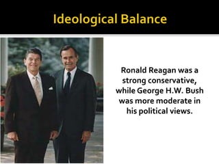 Ronald Reagan was a
strong conservative,
while George H.W. Bush
was more moderate in
his political views.
 
