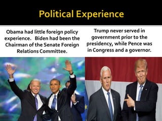 Obama had little foreign policy
experience. Biden had been the
Chairman of the Senate Foreign
Relations Committee.
Trump never served in
government prior to the
presidency, while Pence was
in Congress and a governor.
 