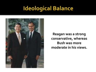 Reagan was a strong
conservative, whereas
Bush was more
moderate in his views.
 