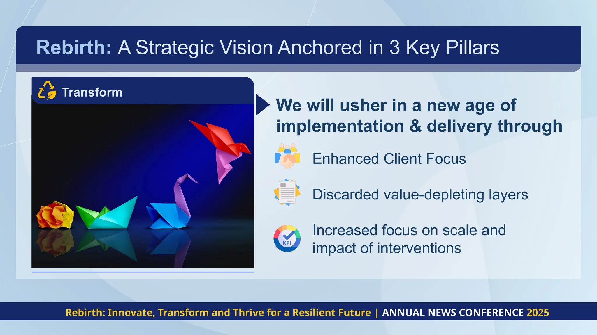 Rebirth: A Strategic Vision Anchored in 3 Key Pillars
We will usher in a new age of
implementation & delivery through
Enhanced Client Focus
Discarded value-depleting layers
Increased focus on scale and
impact of interventions
Rebirth: Innovate, Transform and Thrive for a Resilient Future | ANNUAL NEWS CONFERENCE 2025
Transform
 