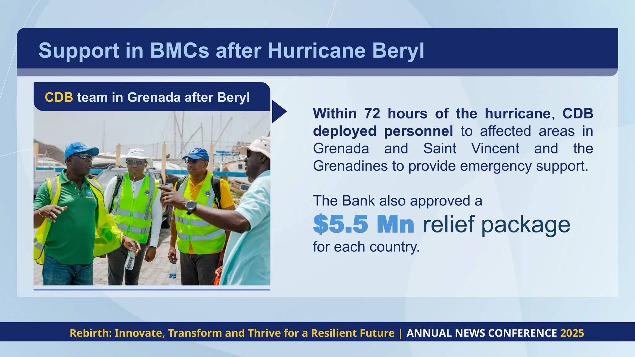 Support in BMCs after Hurricane Beryl
CDB team in Grenada after Beryl
Within 72 hours of the hurricane, CDB
deployed personnel to affected areas in
Grenada and Saint Vincent and the
Grenadines to provide emergency support.
The Bank also approved a
$5.5 Mn relief package
for each country.
Rebirth: Innovate, Transform and Thrive for a Resilient Future | ANNUAL NEWS CONFERENCE 2025
 