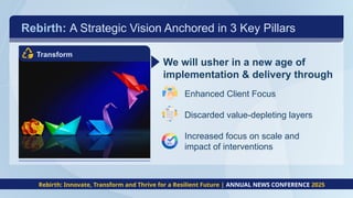 Rebirth: A Strategic Vision Anchored in 3 Key Pillars
We will usher in a new age of
implementation & delivery through
Enhanced Client Focus
Discarded value-depleting layers
Increased focus on scale and
impact of interventions
Rebirth: Innovate, Transform and Thrive for a Resilient Future | ANNUAL NEWS CONFERENCE 2025
Transform
 