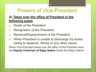 Powers of Vice-President
A) Takes over the office of President in the
following cases:
a) Death of the President.
b) Resignation of the President.
c) Removal/Impeachment of the President.
d) When President is unable to discharge his duties
owing to absence, illness or any other cause.
When Vice-President takes over the office of the President then
the Deputy Chairman of Rajya Sabha heads the Rajya Sabha.
24
 