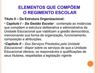 ELEMENTOS QUE COMPÕEM
           O REGIMENTO ESCOLAR
Título II – Da Estrutura Organizacional:
 Capítulo I – Da Gestão Escolar : contempla as instâncias
que compõem a estrutura deliberativa e administrativa da
Unidade Educacional que viabilizam a gestão democrática,
mencionando sua forma de organização, funcionamento,
composição e atribuições.
Capítulo II – Dos Serviços Prestados pela Unidade
Educacional : dispor sobre os serviços de que a Unidade
Educacional oferece, os responsáveis e qualificações de
seus titulares, respeitadas a legislação vigente
 
