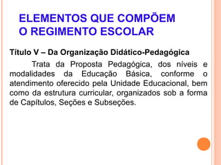 ELEMENTOS QUE COMPÕEM
  O REGIMENTO ESCOLAR
Título V – Da Organização Didático-Pedagógica
      Trata da Proposta Pedagógica, dos níveis e
modalidades da Educação Básica, conforme o
atendimento oferecido pela Unidade Educacional, bem
como da estrutura curricular, organizados sob a forma
de Capítulos, Seções e Subseções.
 
